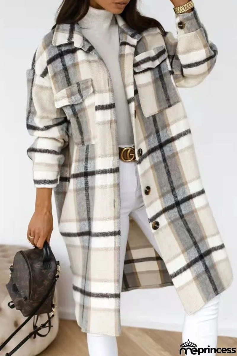 Vintage Elegant Plaid Buckle Turndown Collar Outerwear