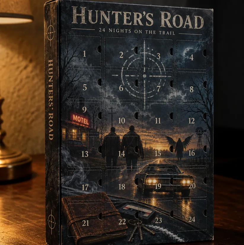 Close view of the dark road and motel artwork on the Hunter's Road calendar