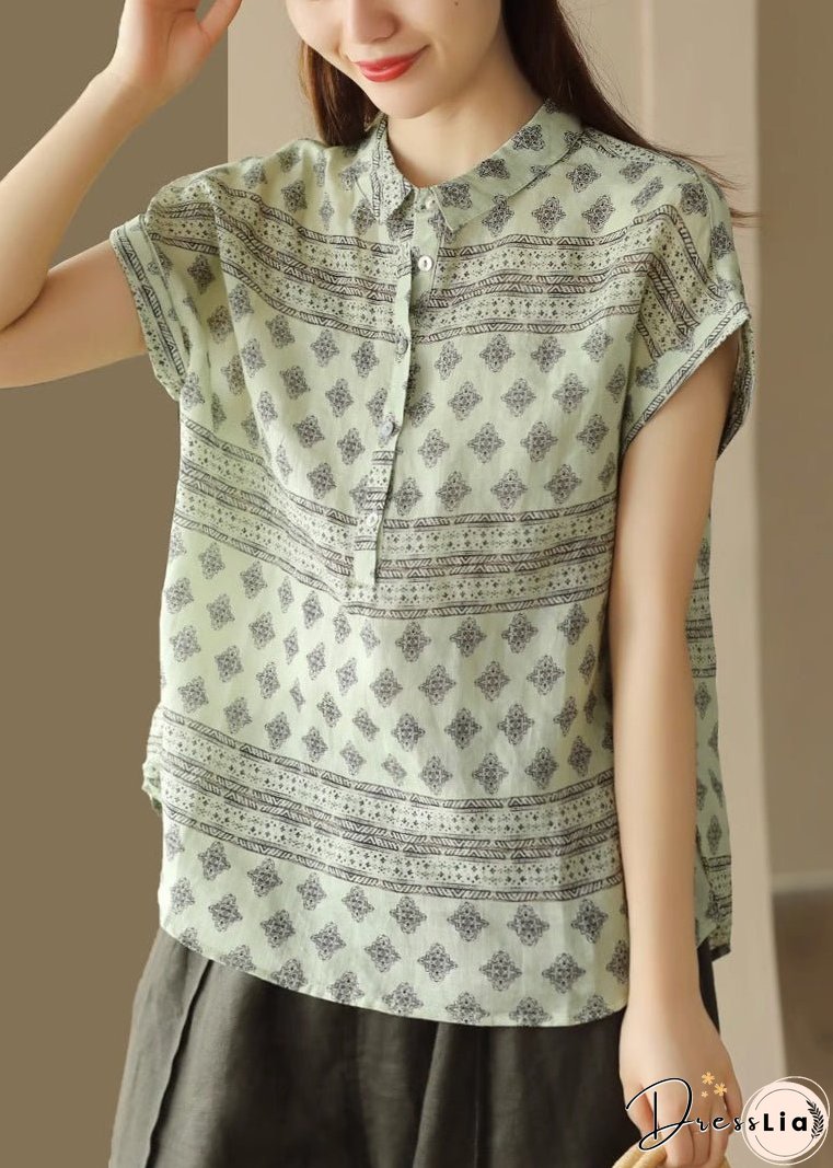 Italian Green Peter Pan Collar Print Patchwork Linen Shirt Summer