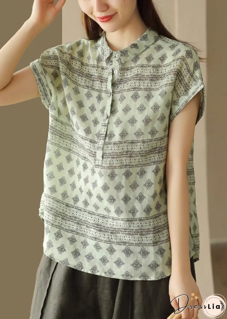 Italian Green Peter Pan Collar Print Patchwork Linen Shirt Summer