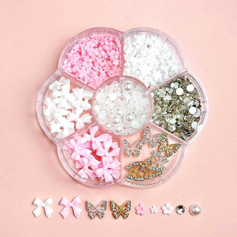 7-Grid Mixed Bow Pearl Nail Beauty Ornament Girl’s Style Mini Small Bow Tie Nail Material Package Box