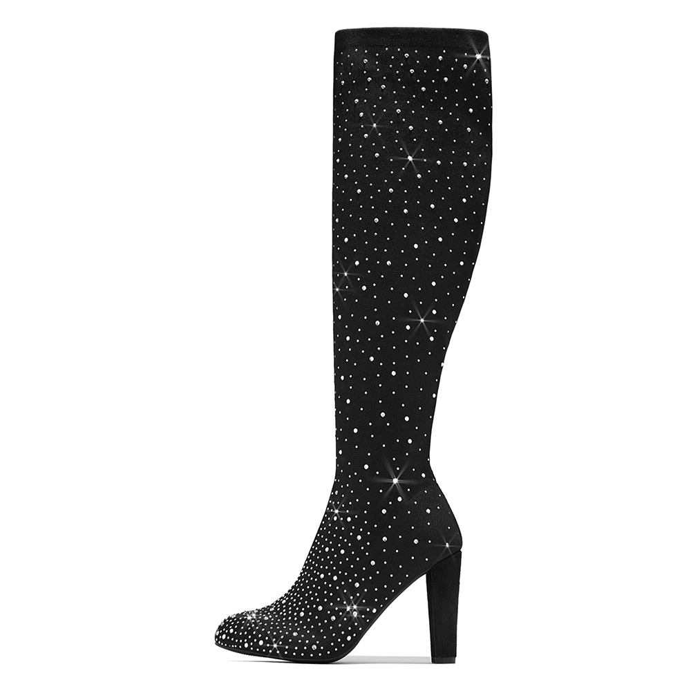 Black Pointed Toe Knee High Boots Rhinestone Decors Block Heel Knee Boots Nicepairs