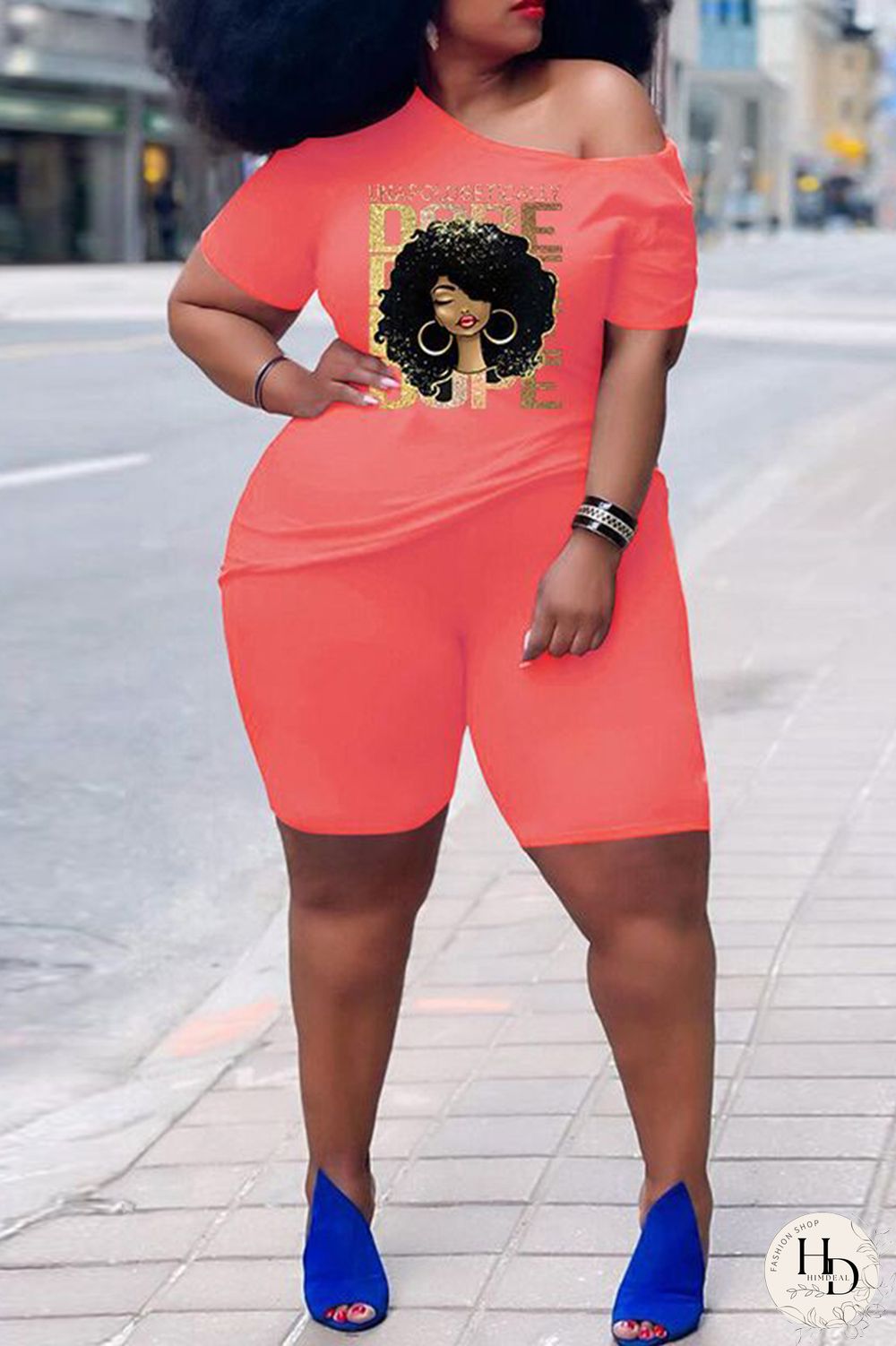 Rose Red Casual Print Basic Oblique Collar Short Sleeve Two Pieces