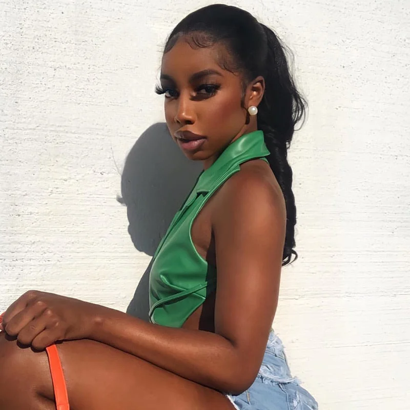 BIIKPIIK PU Sleeveless Crop Top Women Bandage Lace-up Backless Tanks All-match Solid Lapel Female Summer Fashion Club Sexy Tees