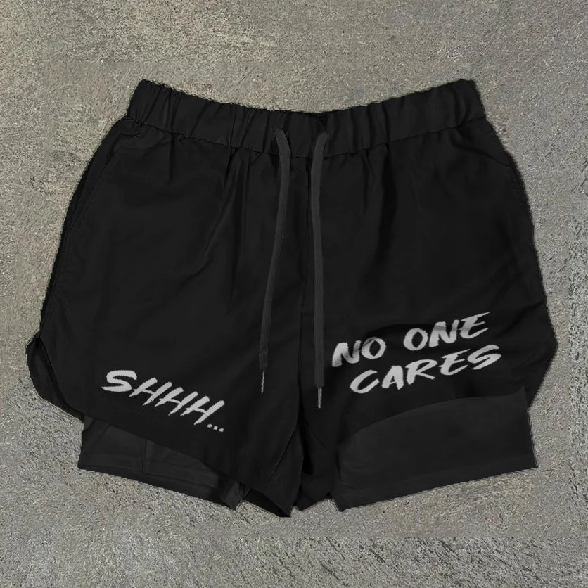 Sopula Shhh No One Cares Print Graphic Double Layer Men's Gym Shorts - Sopula｜Premium Graphic Tees & Graphic Clothing