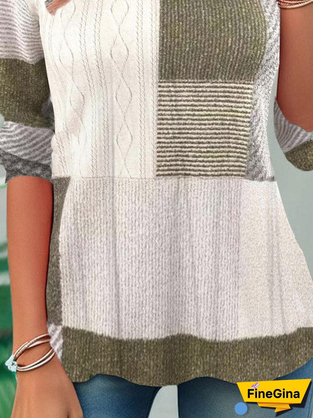 Women's Long Sleeve Scoop Neck Colorblock Plaid Printed Top