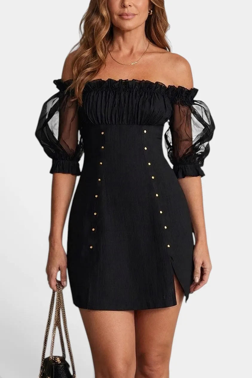 Off-Shoulder Mini Dress with Puff Sleeves and Front Button Detail