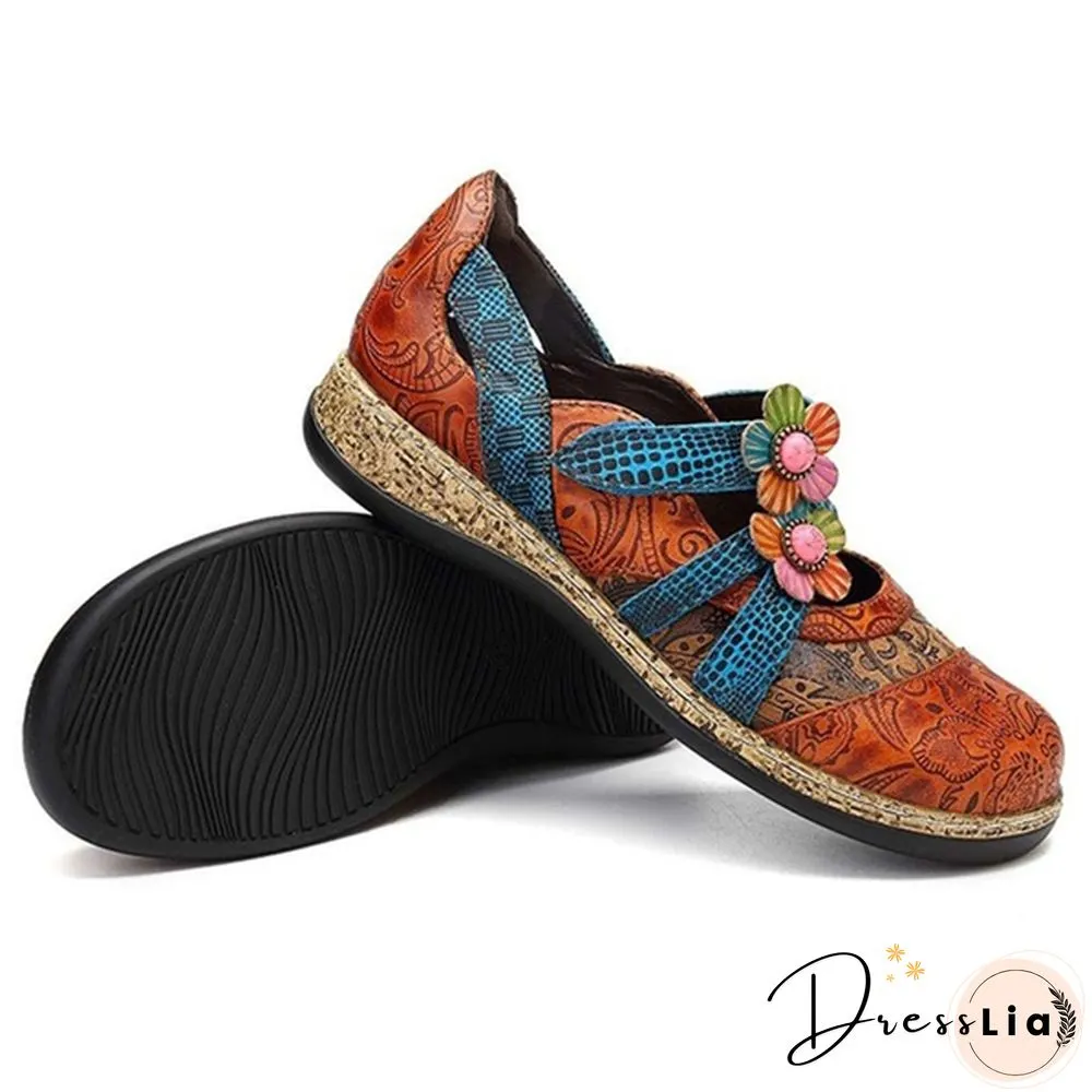 Womens Retro British Floral Leather Sandals Color Stitching Shackles Stripes 