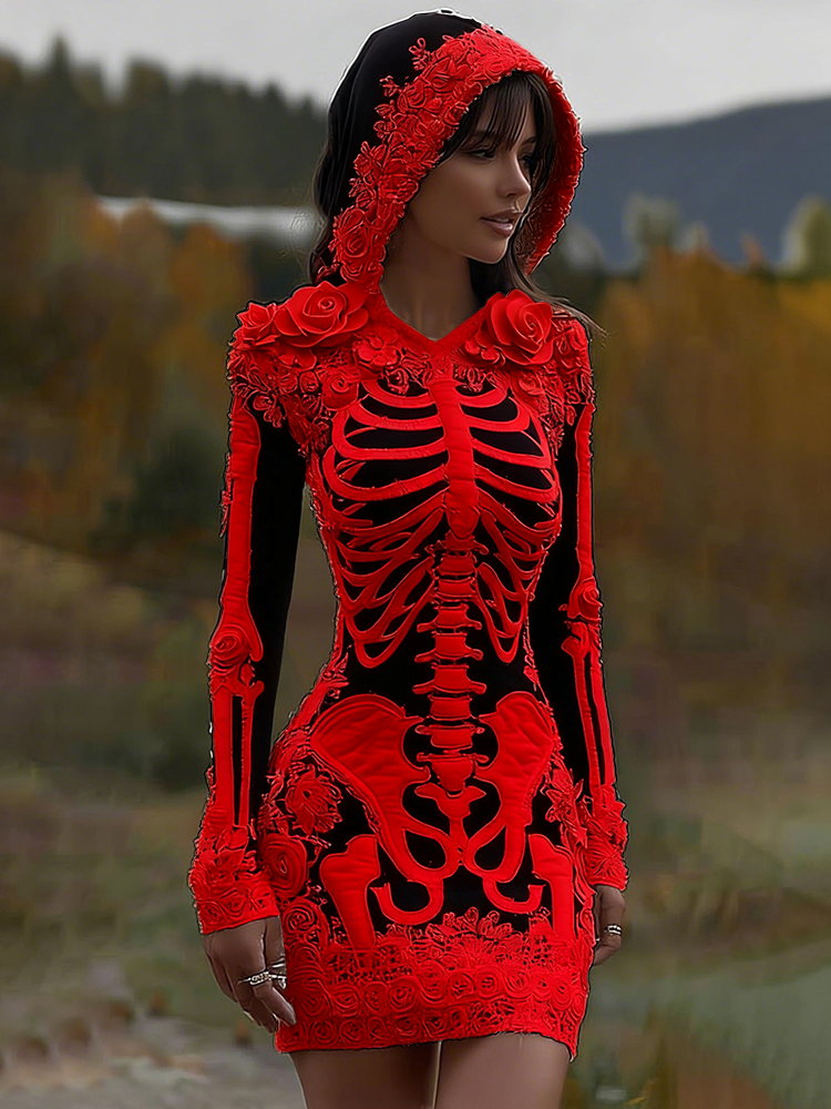 Women's Vintage Halloween Skeleton Bones With Rose Art Cozy Knit Hooded Sweater Dress artswardrobe