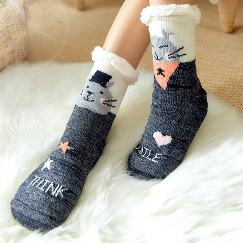 Women's Slippers for Home Warm Sock with Fur Short Plush Slippers Cartoon Bedroom Slippers Soft Indoor Shoes for Female