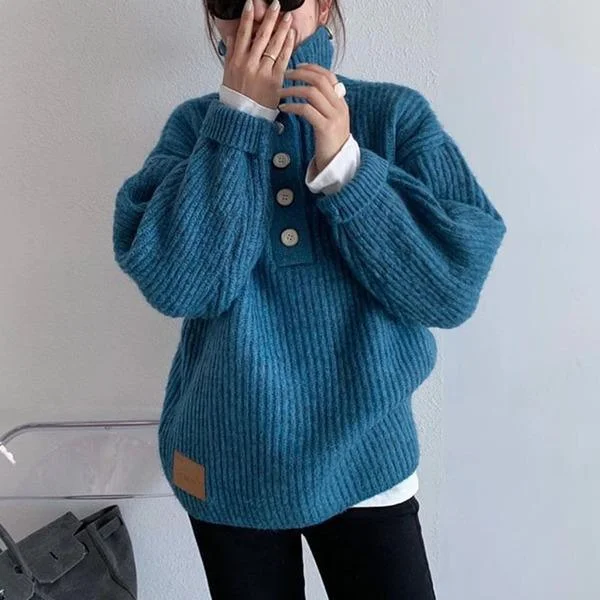 Simple Pink Turtleneck with Buttoned Long Sleeve Knit Pullover