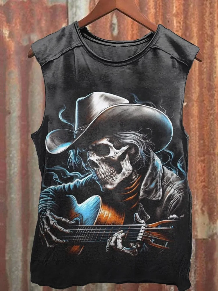Women's Skeleton Death Cowboy Print Vest