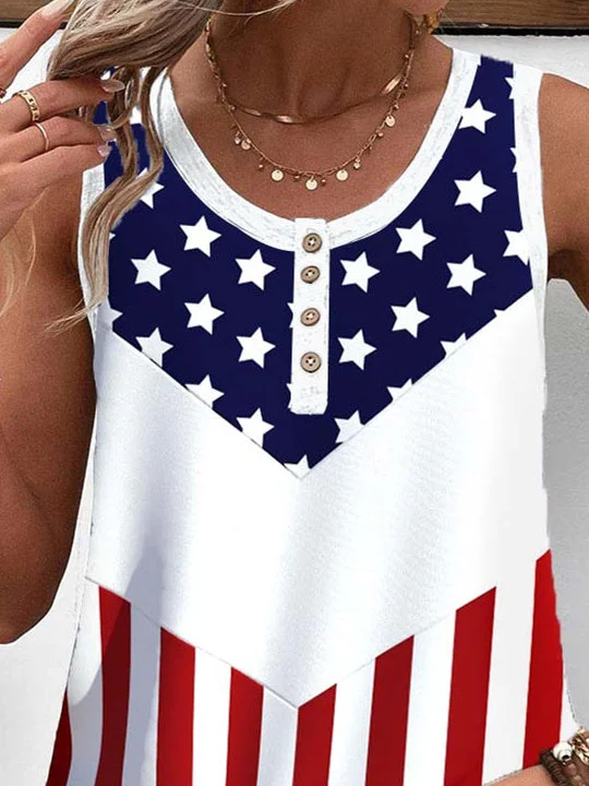 Women Sleeveless Scoop Neck Striped Star Printed Graphic Button Tops