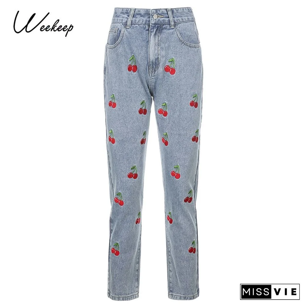 Weekeep Cherry Embroidery Fashion Vintage Jeans High Waist Streetwear Cargo Trousers Casual Skinny Woman Denim Pencil Pants