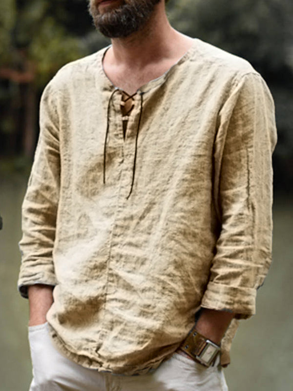 Aonga - Men's Linen Cotton Long Sleeve Solid Lace Up T-ShirtsF aonga