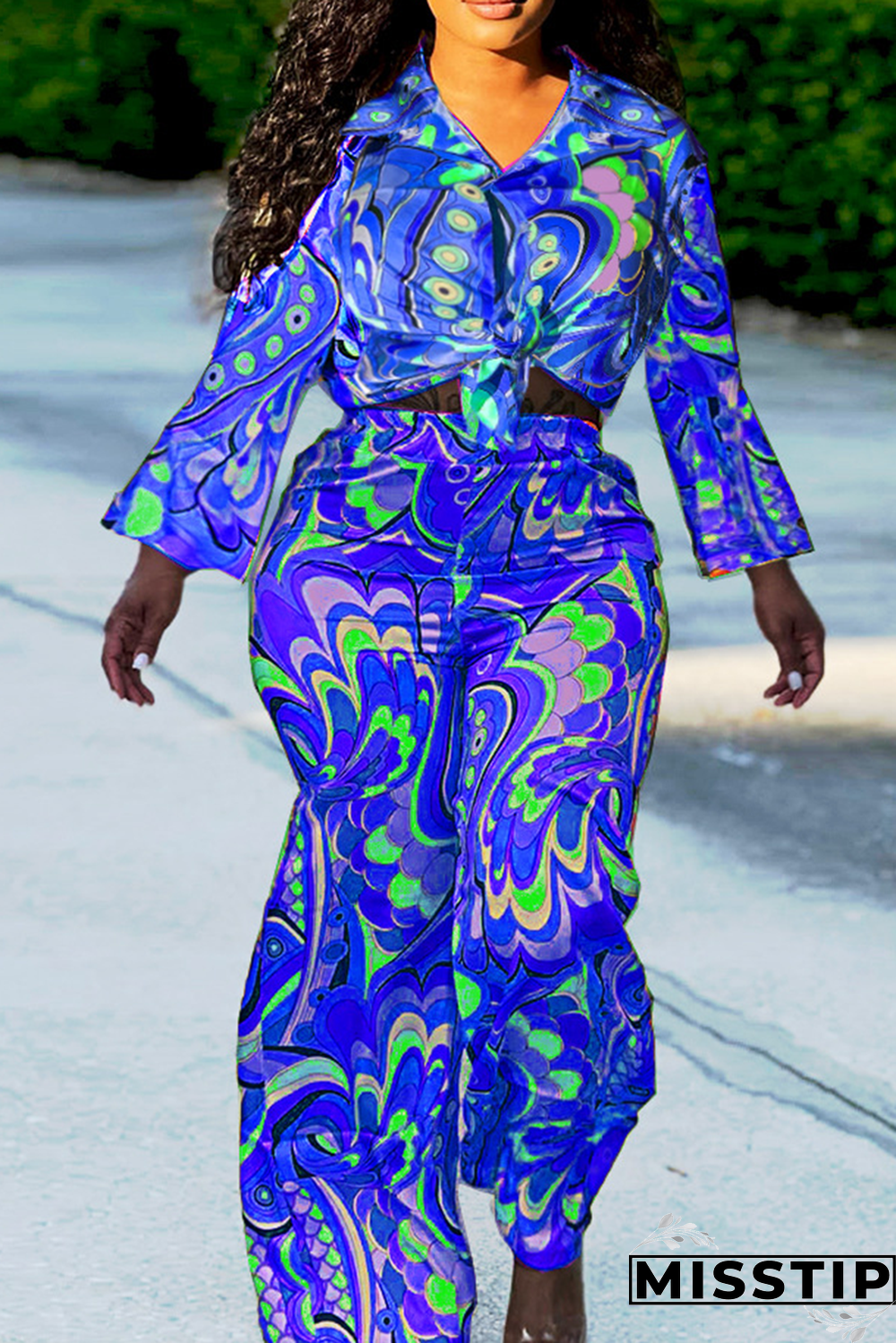 Fluorescent Green Fashion Print Patchwork Turndown Collar Long Sleeve Two Pieces