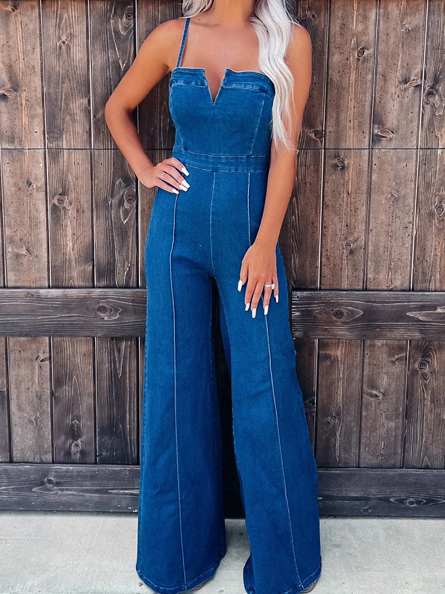 Women's Denim Jumpsuit Sleeveless Suspenders Sexy Off-the-shoulder Denim Jumpsuit Overall Back To School