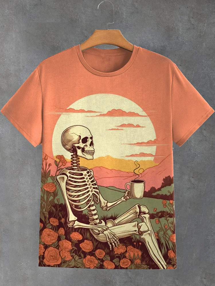 Women's Sunset Flower Skeleton Coffee Print Casual T-Shirt