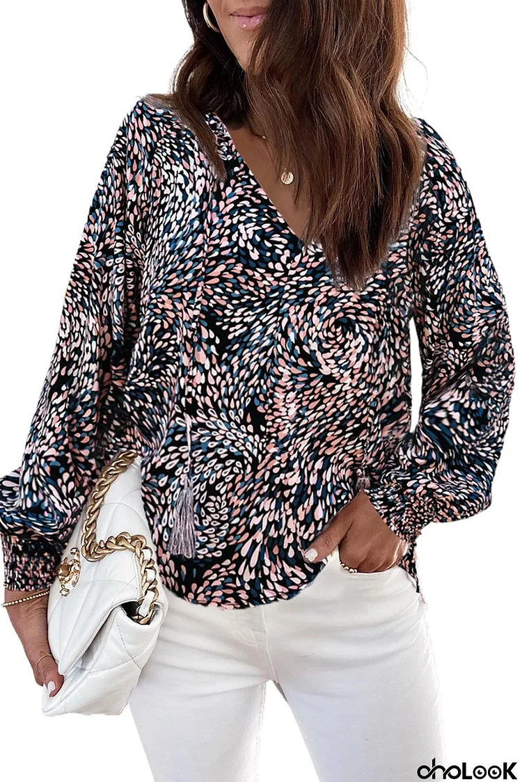 Tasseled Drawstring V Neck Printed Bibshop Sleeve Blouse