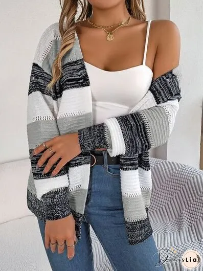 Openwork Striped Open Front Cardigan