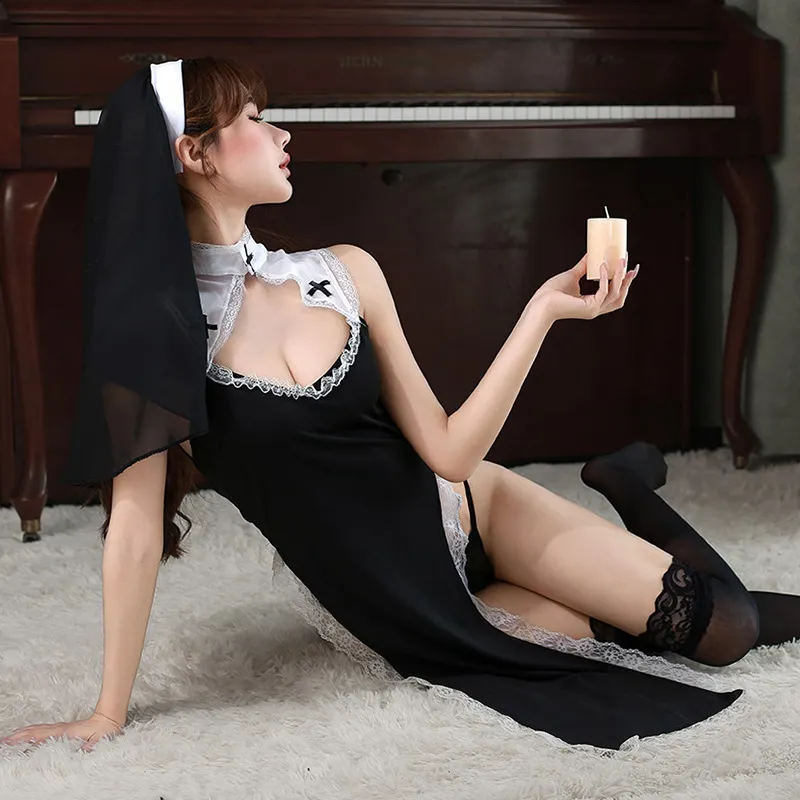 Churchf Sex Lingerie Nun Costume Role-Playing Hollow Uniform Seduced Passionate Maid Open-Fork Uniform Suit