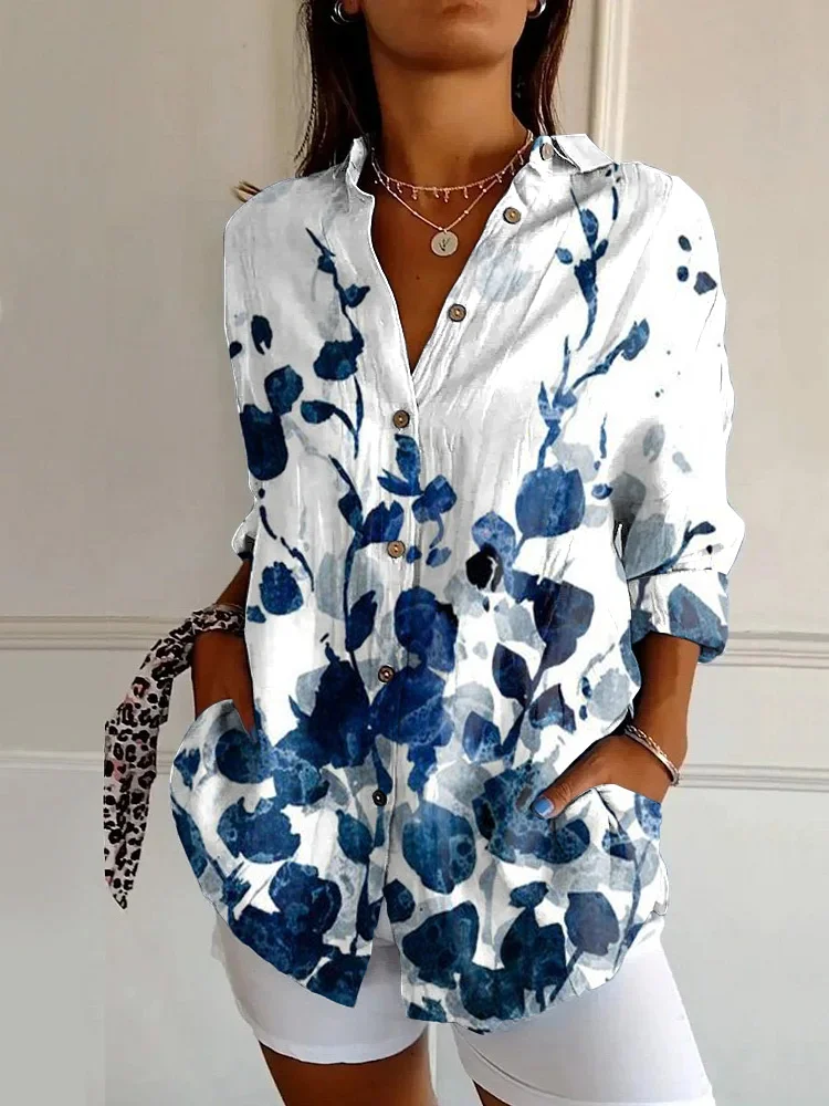 Retro Blue and White Floral Print Casual Long-sleeved Shirt