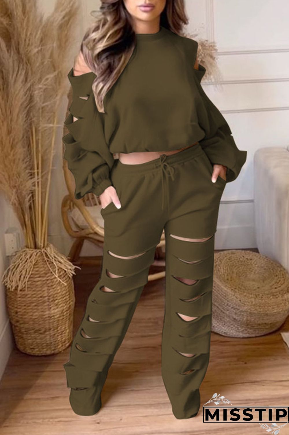 Black Casual Street Solid Hollowed Out Patchwork O Neck Long Sleeve Two Pieces