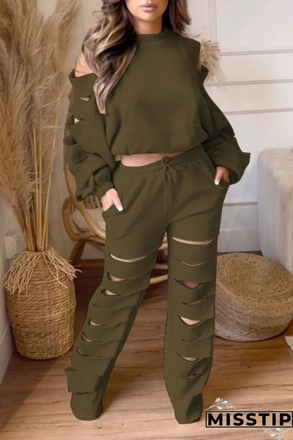 Black Casual Street Solid Hollowed Out Patchwork O Neck Long Sleeve Two Pieces