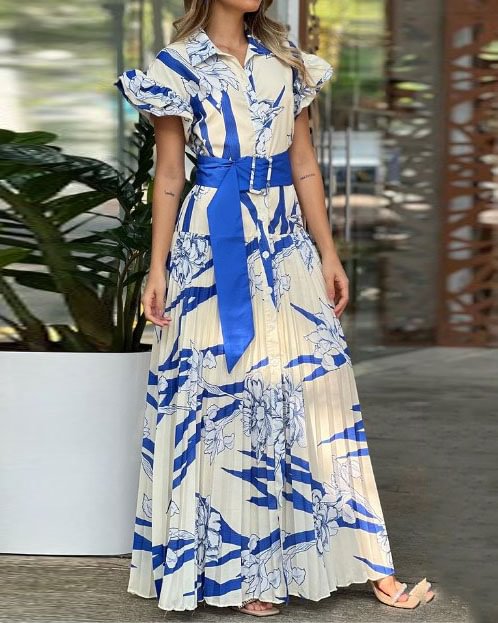 Puff Sleeve Printed Waist Tie Dress