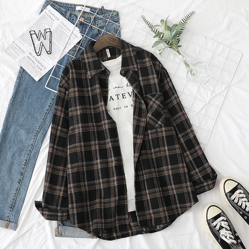 2022 Spring New Plaid Flannel Shirt Women Blouses And Tops Retro Cotton Lady Loose Outwear Chemisier Femme