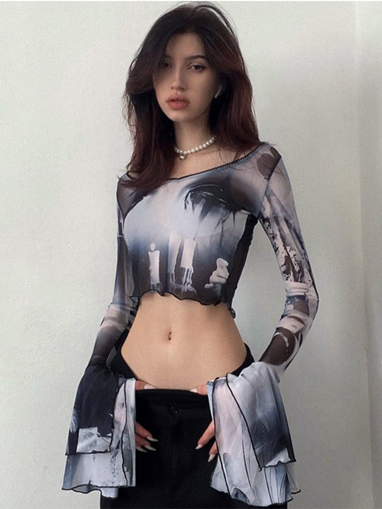 Topchoicegifts Punk Aesthetic Print Mesh Women Crop Tops Gothic Flare Sleeve See Through T-shirts Emo Lettuce Hem Sexy Streetwear