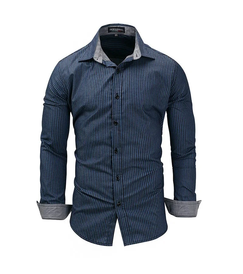 Man Turn-down Collar Long Sleeves Stripes Pattern Cotton Shirt