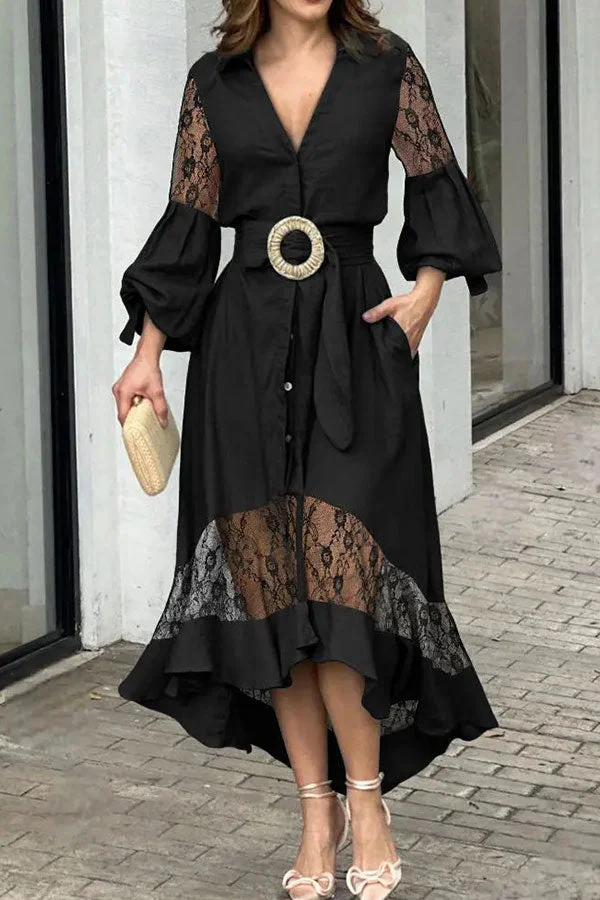 Lace Patchwork Stylish Belted High Low Midi Dress