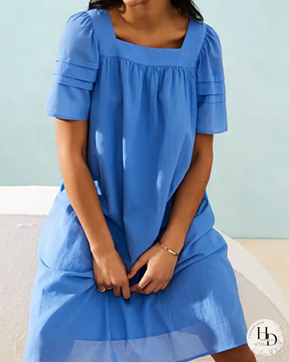 Square Neck Casual Short Sleeve Woven Dress