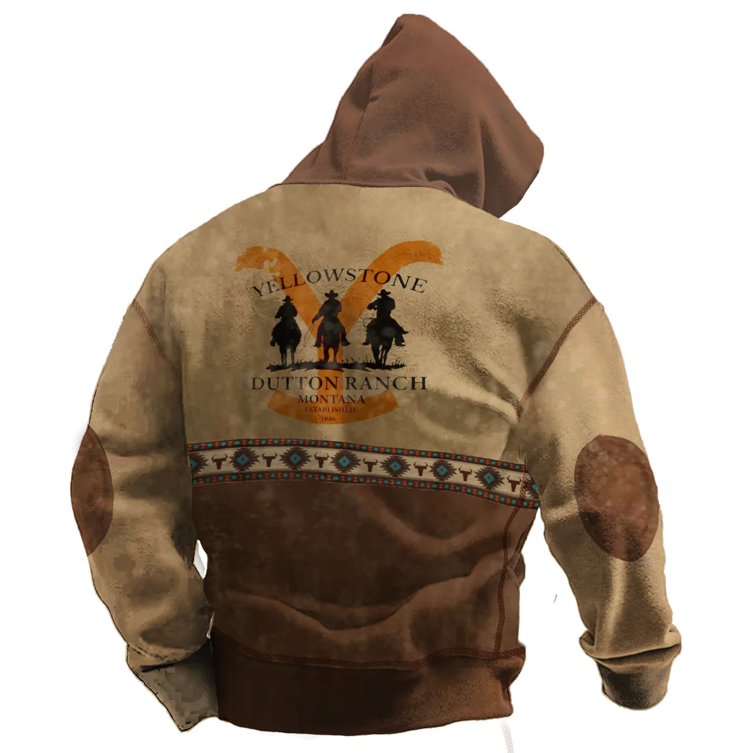 Men's Vintage Western Yellowstone Print Hoodie
