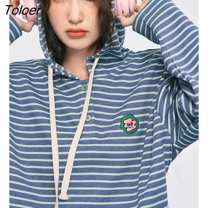 Toloer Women Sweatshirts 2022 Autumn Long Sleeve O Neck Button Stripes Hoodies Embroidery Pattern Casual Streetwear Pullover