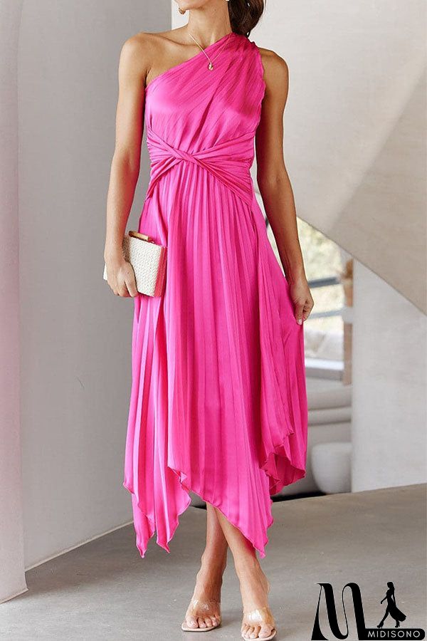 MidiSono - Satin One Shoulder Pleated Midi Dress