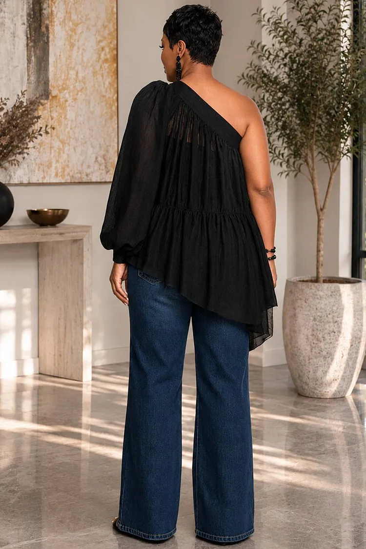 トップス oneu tulle chiffon blouse Xpluswear Design Plus Size Daily Black One Shoulder Long Sleeve