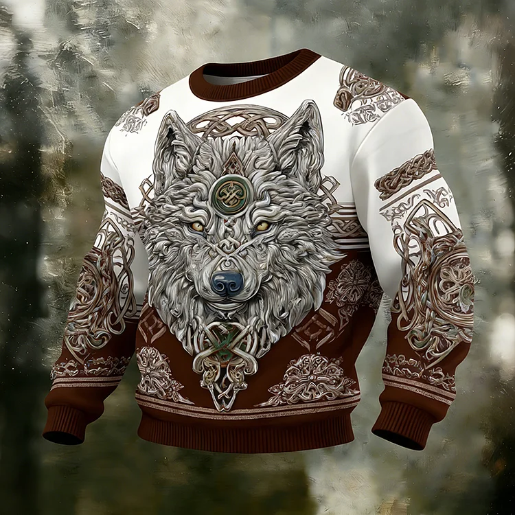 Men's Retro Celtic Knot And Wolf Print Comfortable Crew Neck Sweatshirt
