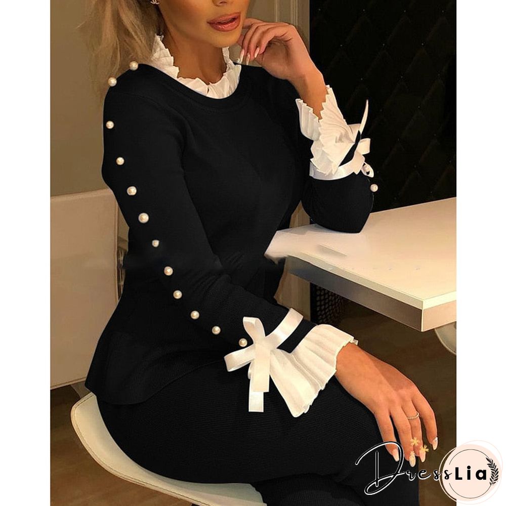 Shirts Bowknot Buttoned Cuff Slim Blouse Autumn Long Sleeve Women Tops Casual Elegant Knit Wild Office Splicing Blouses