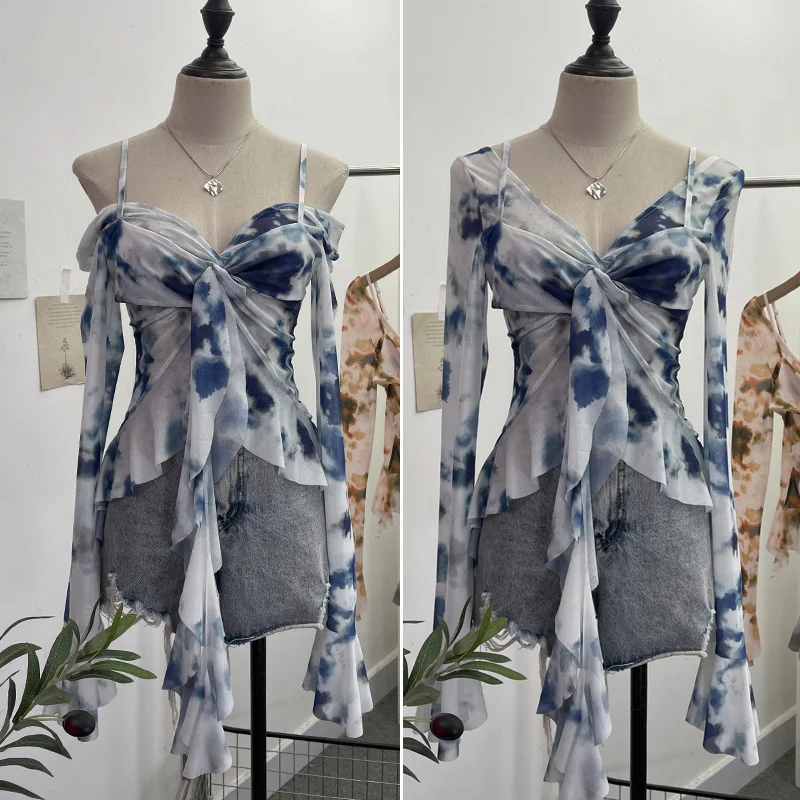 Uveng Irregular Kinking Of The Net Yarn Irregularly Kinked Lotus Lobe Slings Shoulder Horn Sleeve T-Shirt Short Top 2618