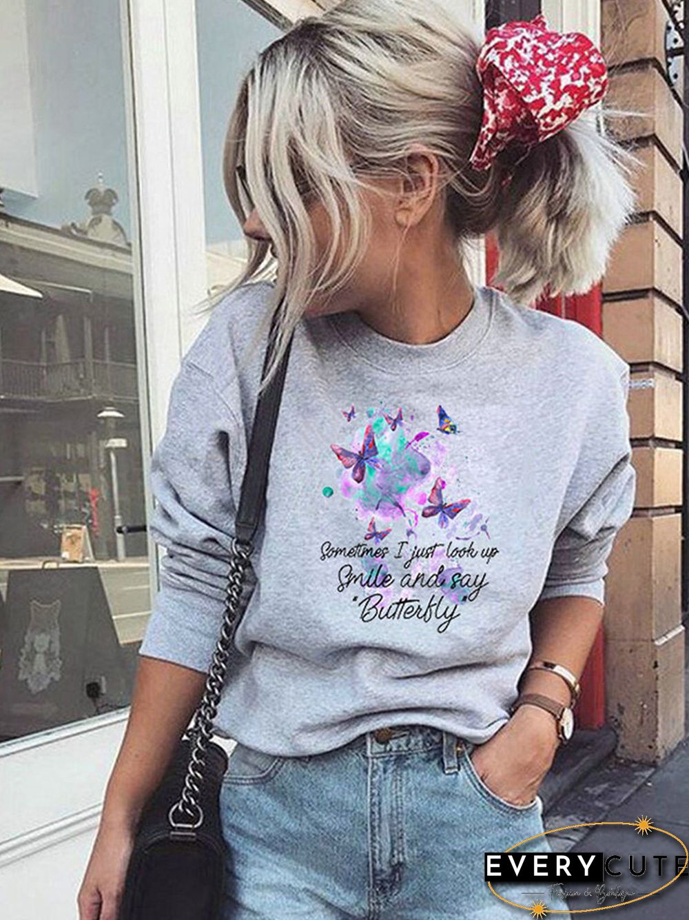 Butterfly Letters Printed Long Sleeve O-neck Sweatshirt For Women