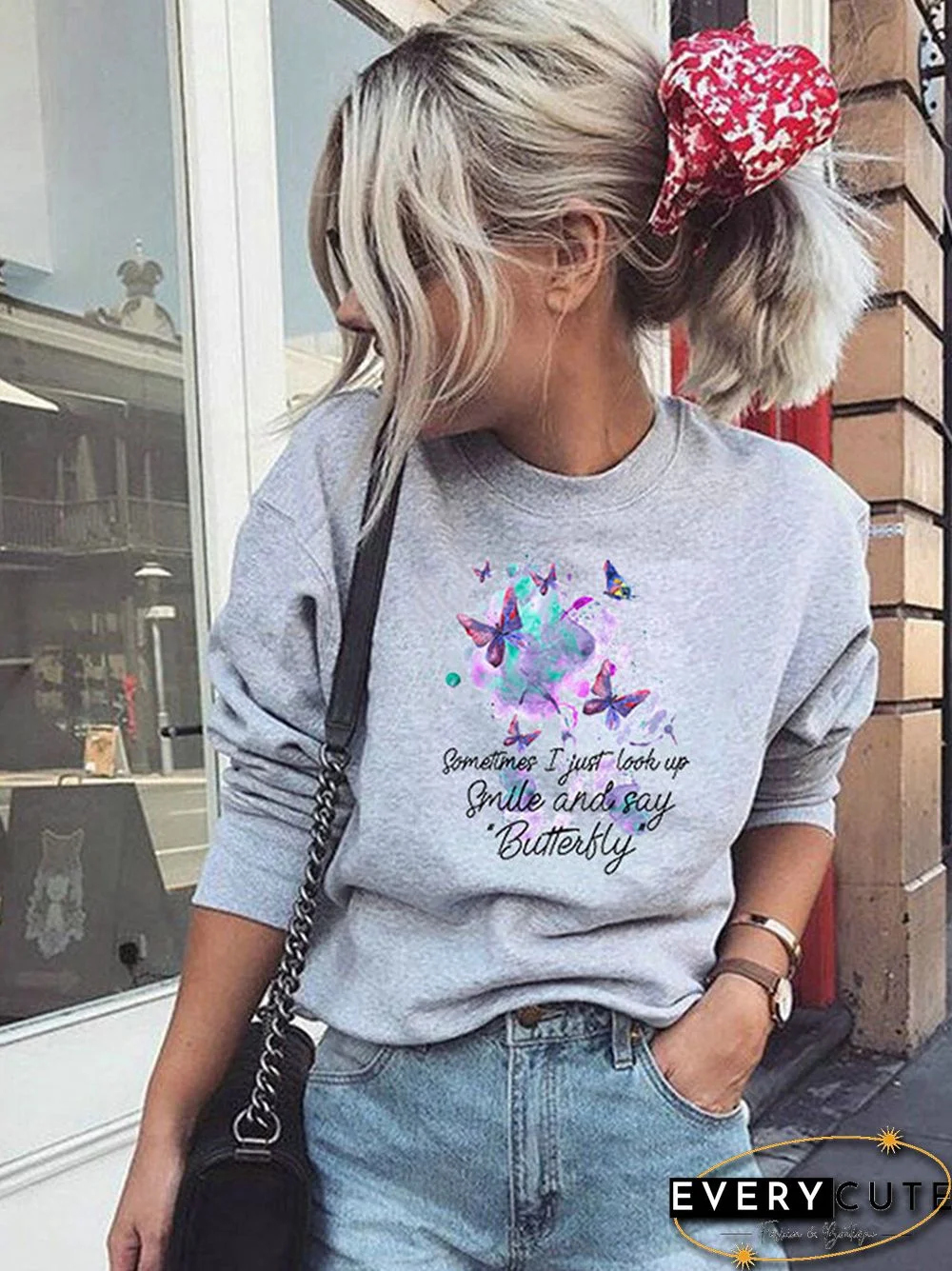 Butterfly Letters Printed Long Sleeve O-neck Sweatshirt For Women
