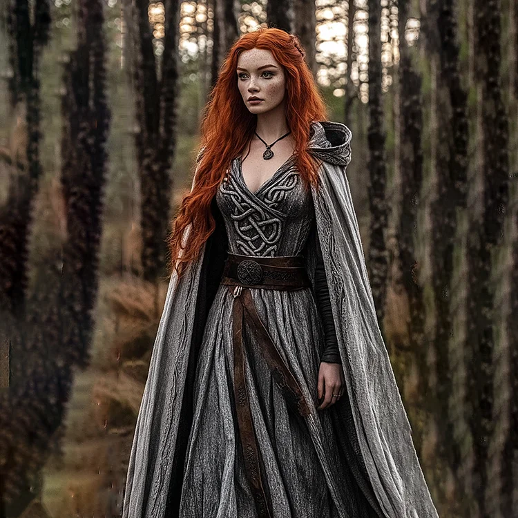 Vintage Viking Celtic Knot Cotton Linen V Neck Mixi Dress