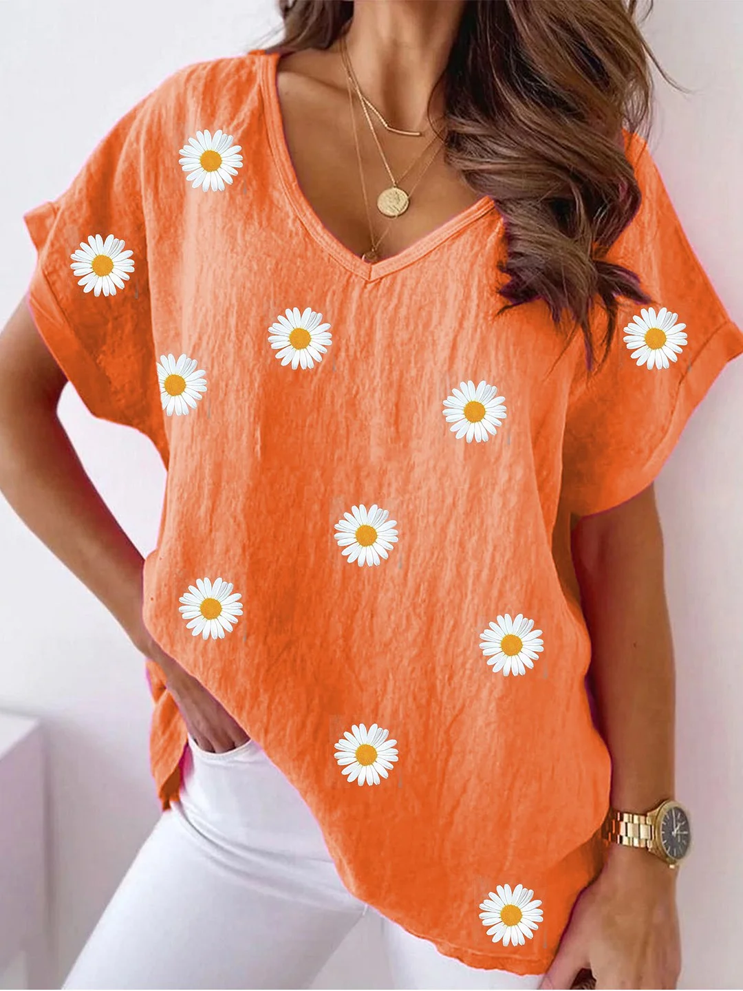 Women's Casual Daily Daisy Pattern V neck Cotton Loose Short Sleeve Tunic Top