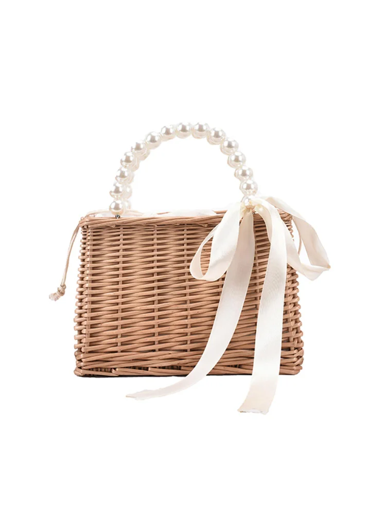 Vintage Women Rattan Woven Tote Bags Beach Pearl Mini Basket Handbag (B)