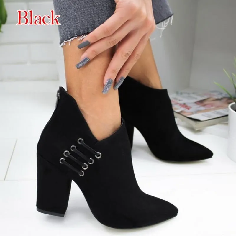 Woman Boots Pointed High Heels Shoes Solid Color Leather Ankle Boots Female Boots Fashion Thick Heel Back Zipper Women Shoes 1213
