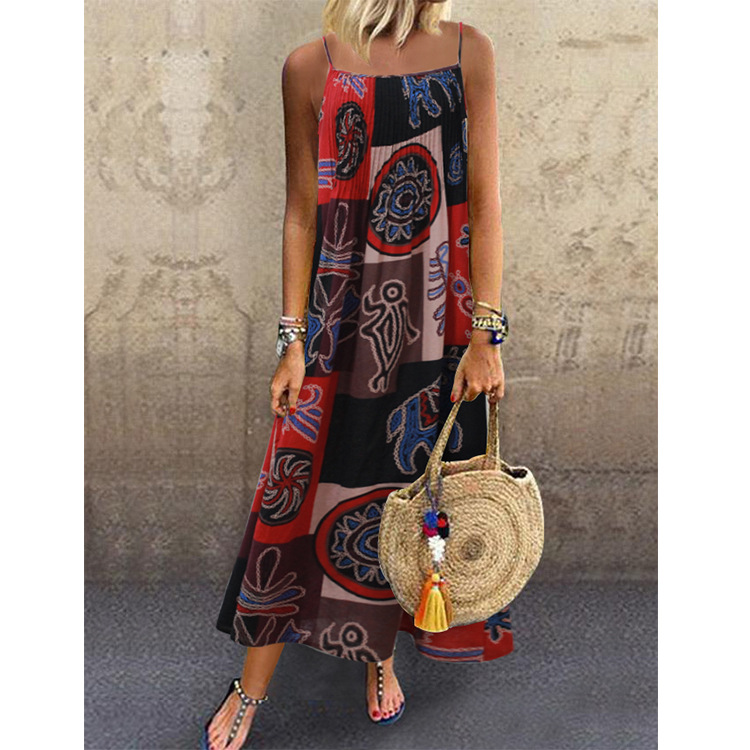 Women Sexy Cotton Linen Sleeveless Fashion Retro Dress Summer Beach Thailand Indian Bohemian Print Party Dresses Africa Clothing