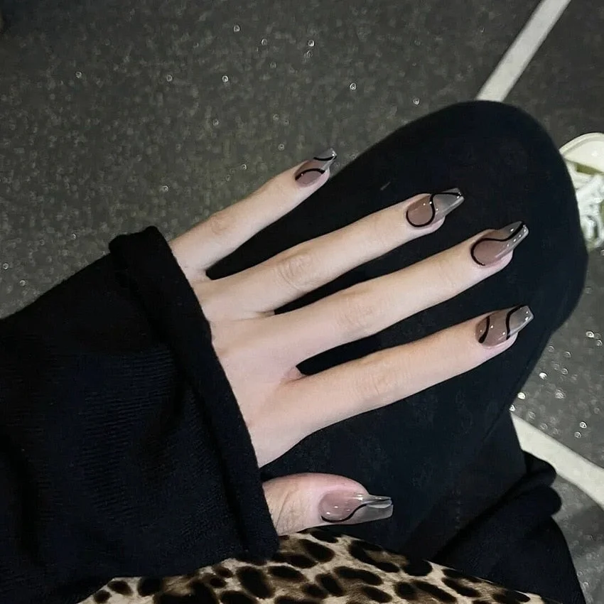 24pcs Detachable Blue Wave White Line Matching False Nail Full Cover Fake Nails DIY Glue Press On Nails Wearable Nail Patch-Nail Inspo