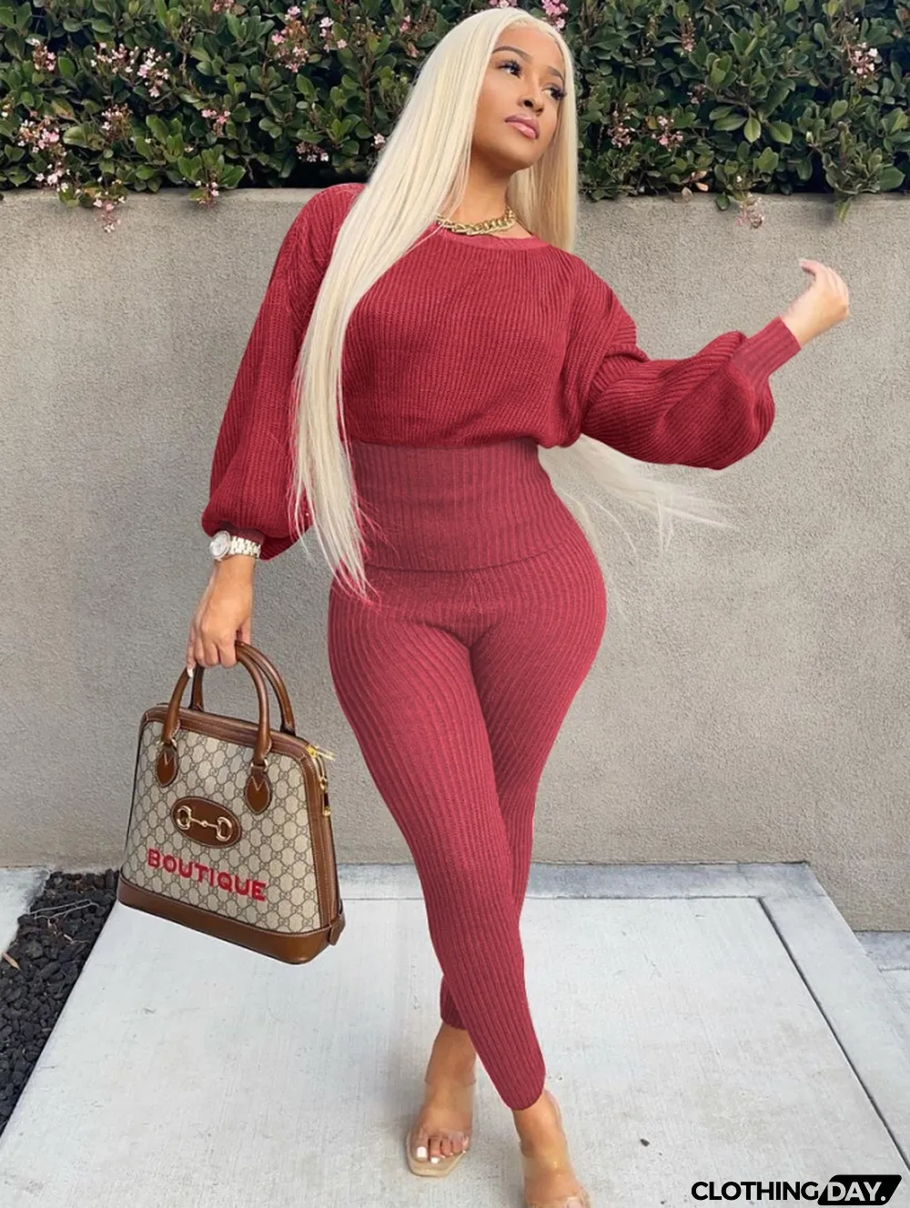 Winter Burgunry Knitting Top and Pants Casual Two Piece Set